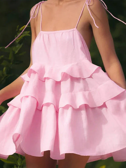 Mini Dresses- Multi-Tiered Lightweight Ruffle Dress- Pink- IndioGear.com