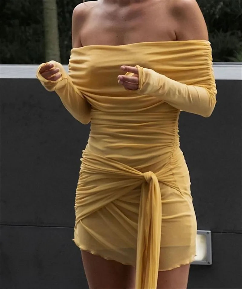 Mini Dresses- Night Out Off-Shoulder Ruched Mini Dress in Bold Yellow- - IndioGear.com