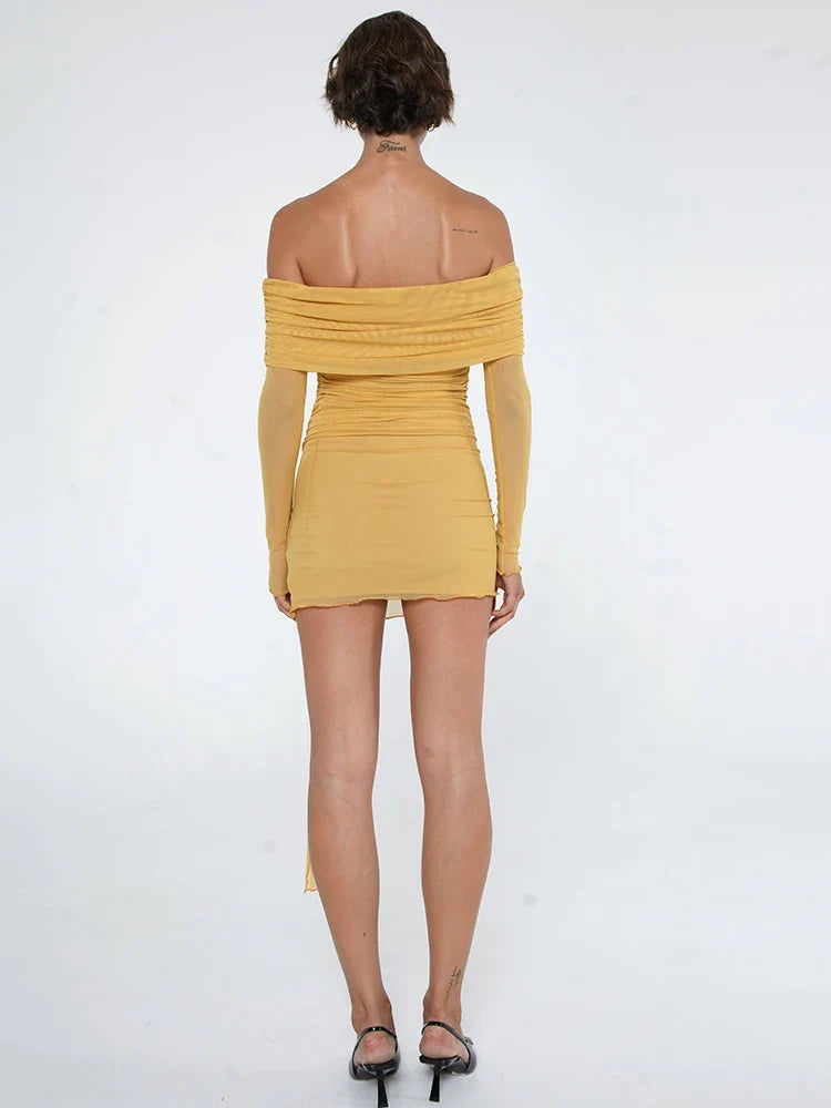 Mini Dresses- Night Out Off-Shoulder Ruched Mini Dress in Bold Yellow- - IndioGear.com