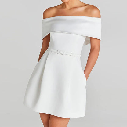 Mini Dresses- Off-Shoulder Party Mini Dress for Weddings- White- IndioGear Women Clothing