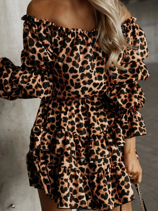 Mini Dresses - Off Shoulders Leopard Layered Belted Mini Dress