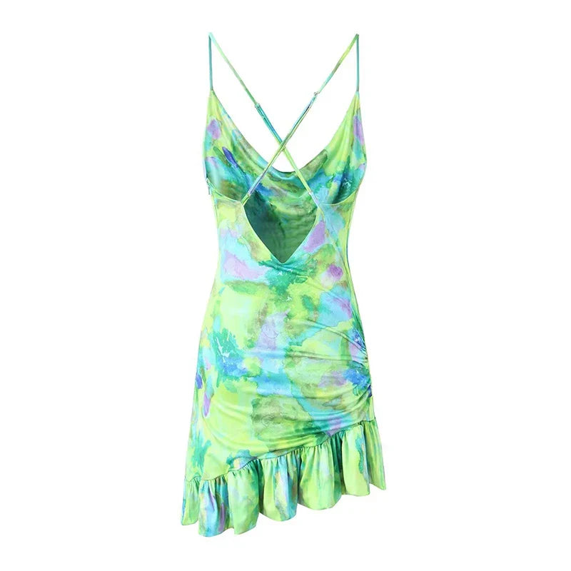 Abstract Green Print Mini Dress with Cowl Neck for Parties