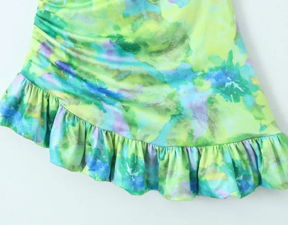 Mini-robe à imprimé vert abstrait avec col bénitier pour les fêtes