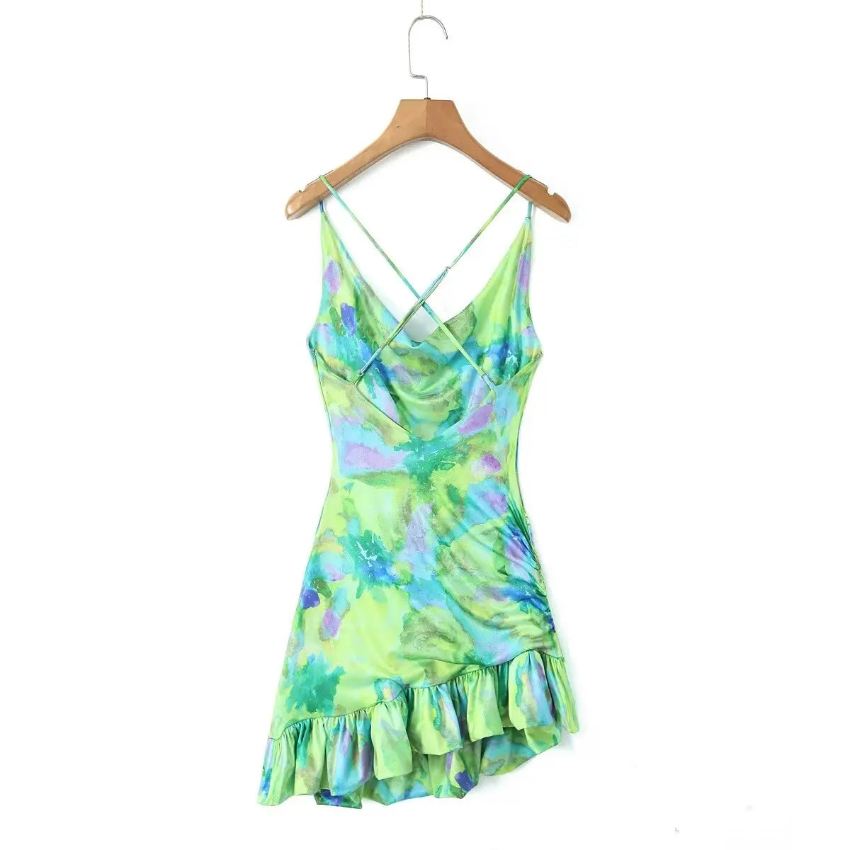 Abstract Green Print Mini Dress with Cowl Neck for Parties