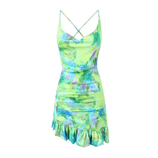 Abstract Green Print Mini Dress with Cowl Neck for Parties