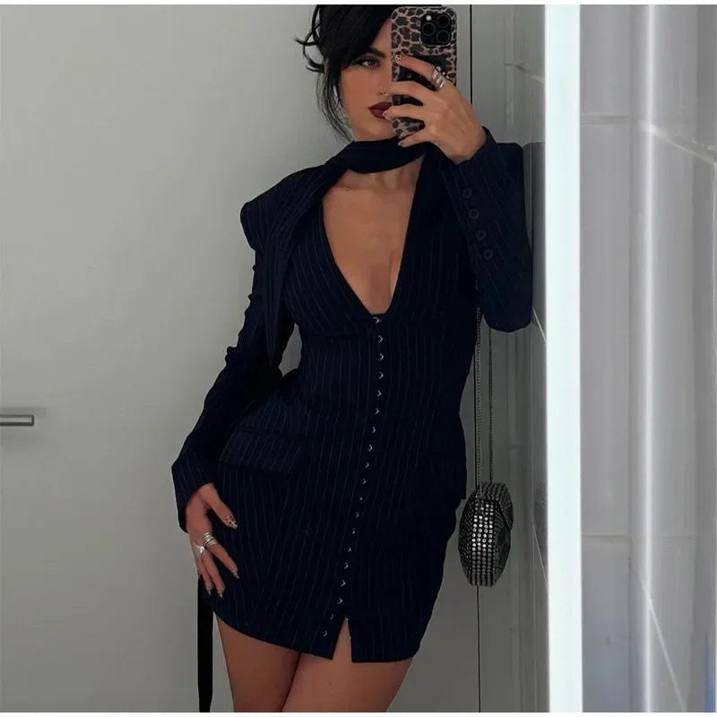 Mini Dresses- Pinstriped Plunging Blazer-Inspired Mini Dress for Parties 🎉👗- - IndioGear Women Clothing