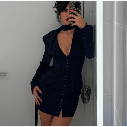 Mini Dresses- Pinstriped Plunging Blazer-Inspired Mini Dress for Parties 🎉👗- - IndioGear Women Clothing