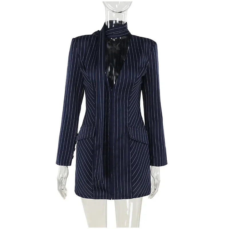 Mini Dresses- Pinstriped Plunging Blazer-Inspired Mini Dress for Parties 🎉👗- - IndioGear Women Clothing