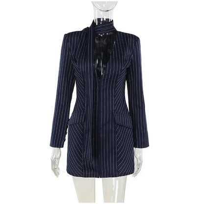 Mini Dresses- Pinstriped Plunging Blazer-Inspired Mini Dress for Parties 🎉👗- - IndioGear Women Clothing