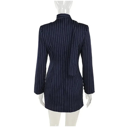 Mini Dresses- Pinstriped Plunging Blazer-Inspired Mini Dress for Parties 🎉👗- - IndioGear Women Clothing