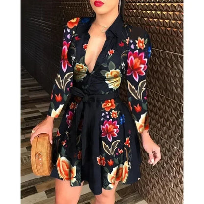 Mini Dresses- Plunging Neck Long Sleeve Belted Mini Dress - for Seasonal Parties- flower- IndioGear Women Clothing