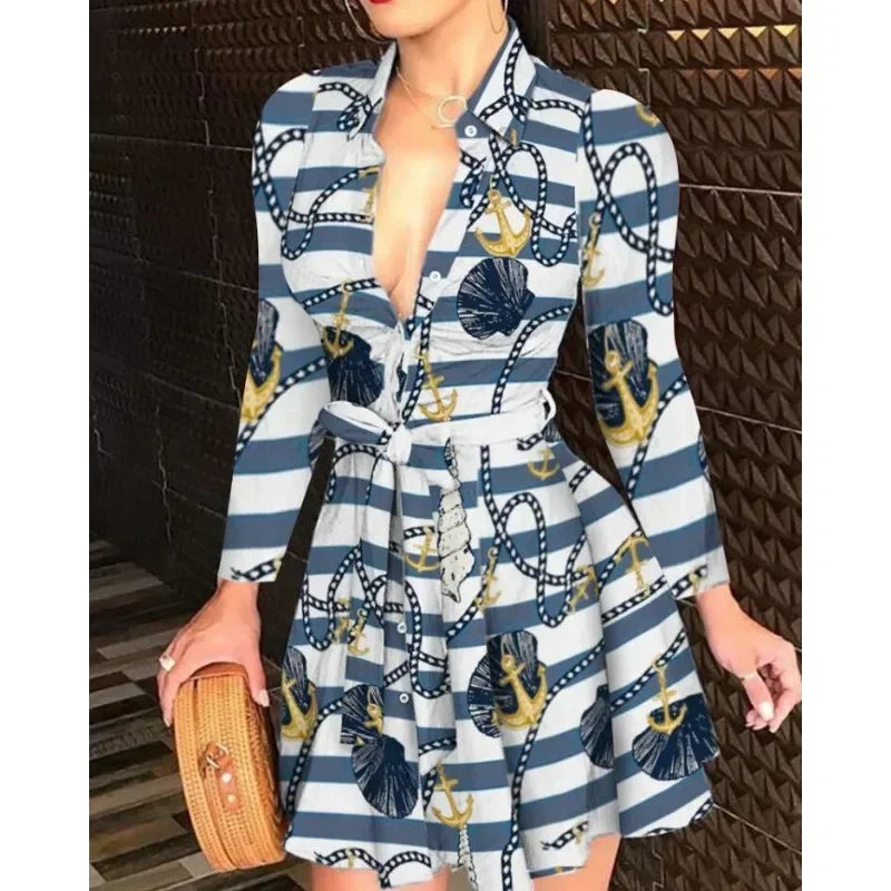 Mini Dresses- Plunging Neck Long Sleeve Belted Mini Dress - for Seasonal Parties- blue stripe- IndioGear Women Clothing