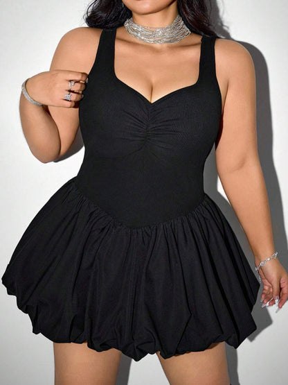 Mini Dresses- Plus Size Black Fit-and-Flare Party Mini Dress- - IndioGear Women Clothing