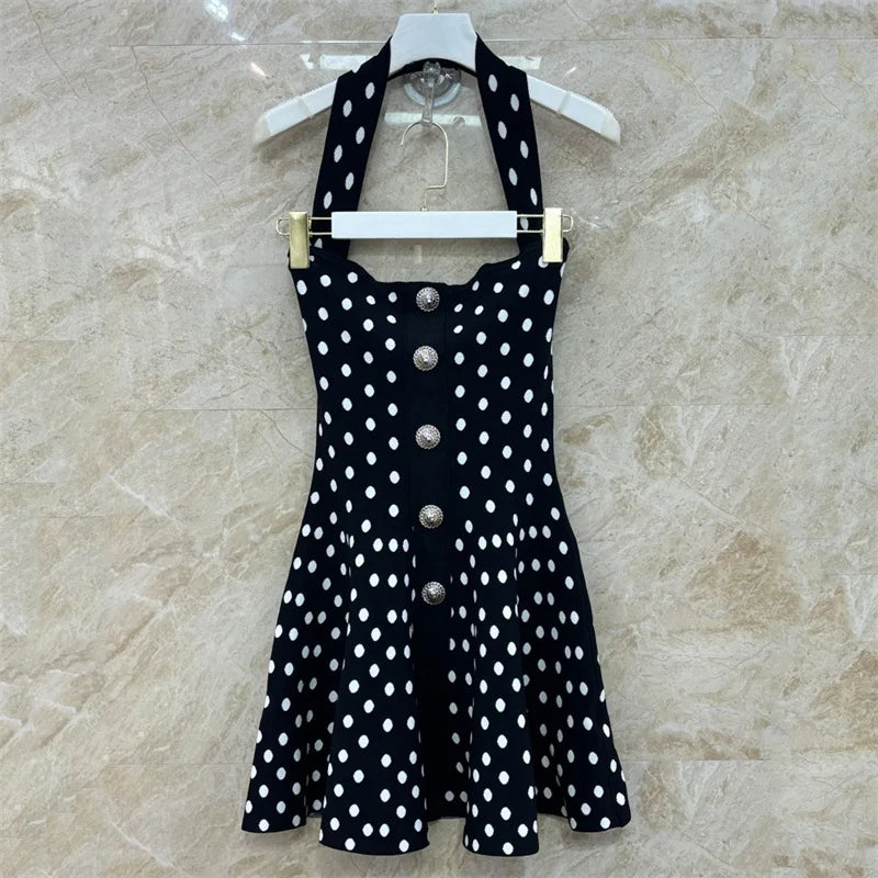 Mini Dresses- Polka Dots Women's Couture Summer Cocktail Fit & Flare Mini Dress"- Black- IndioGear Fashion and Gear