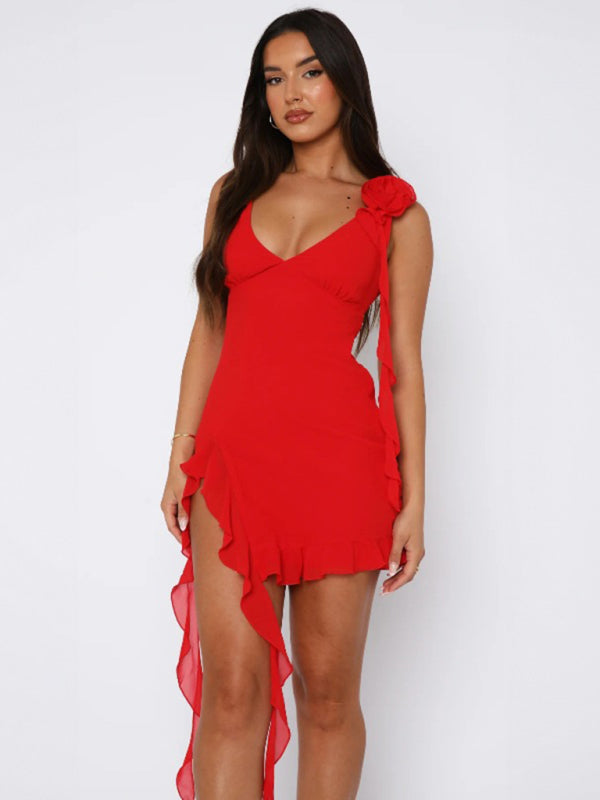 Mini Dresses- Rosette One-Shoulder Dress with Side Slit- Red- IndioGear Women Clothing