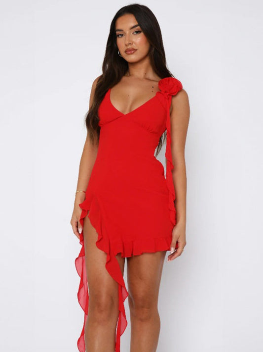 Mini Dresses- Rosette One-Shoulder Dress with Side Slit- Red- IndioGear Women Clothing