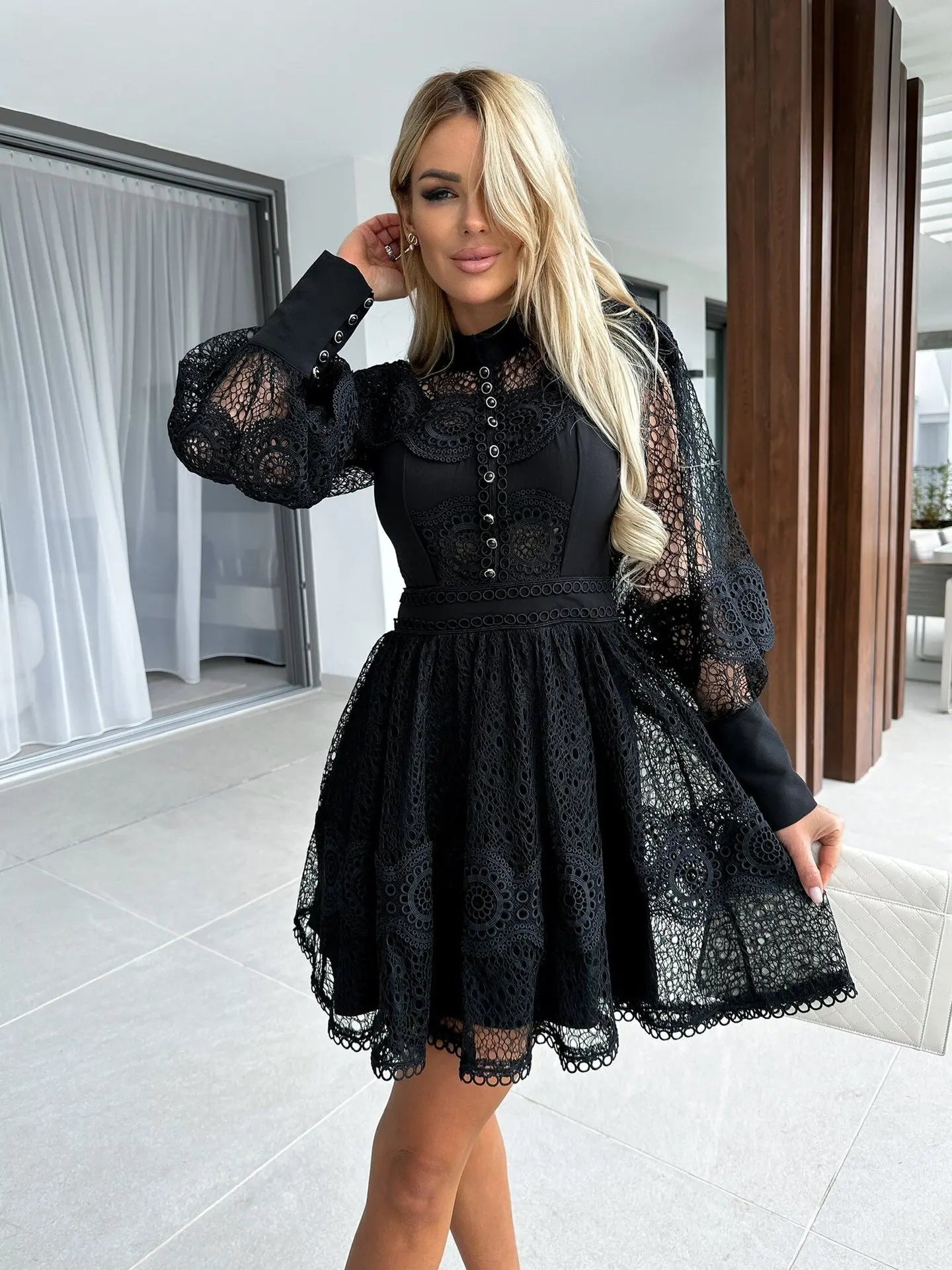 Mini Dresses- Sheer Lace Bishop Sleeve A-Line Mini Dress- - IndioGear.com