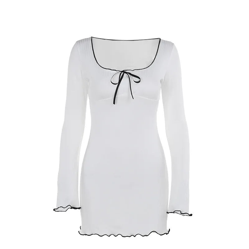 Mini Dresses- Slim Fit Square Neck Ribbed Dress - Casual to Elegant- - IndioGear Women Clothing