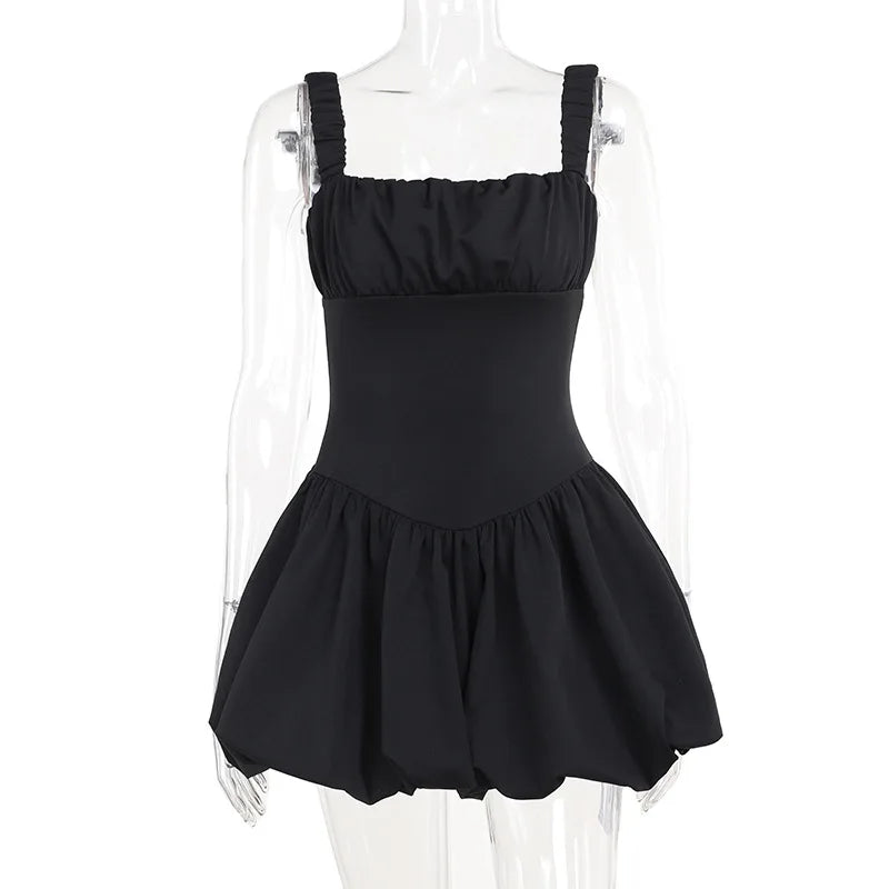 Mini Dresses- Solid Fit & Flare Puff Mini Dress for Women's Summer Cocktails- - IndioGear Fashion and Gear