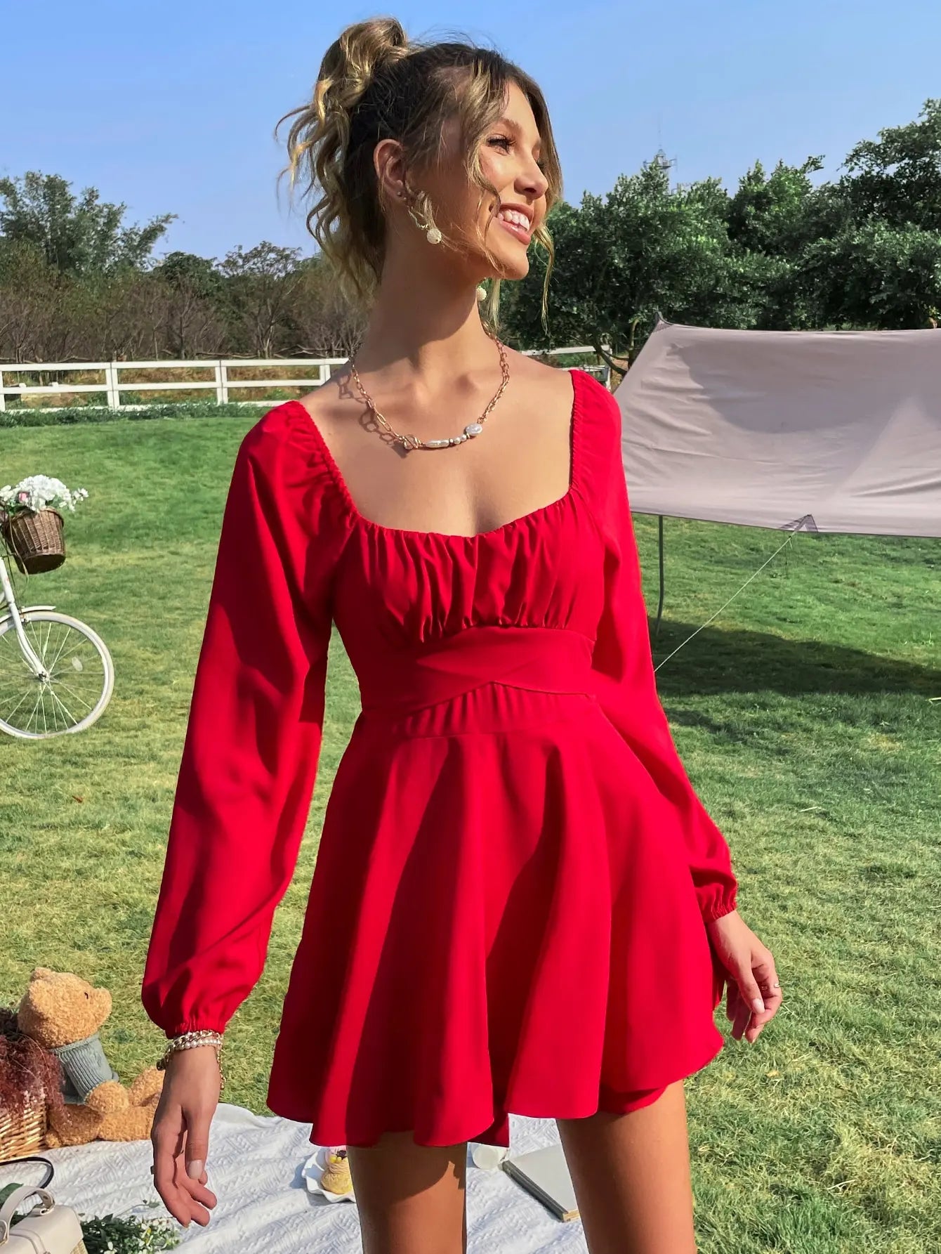 Mini Dresses- Solid Red Flare Square Neck Dress with Lantern Sleeves- - IndioGear.com