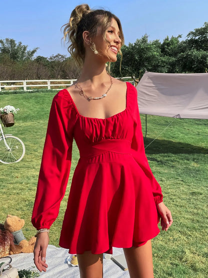 Mini Dresses- Solid Red Flare Square Neck Dress with Lantern Sleeves- - IndioGear.com