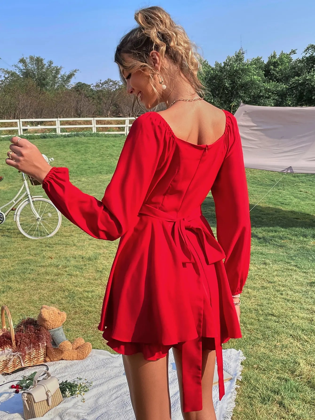 Mini Dresses- Solid Red Flare Square Neck Dress with Lantern Sleeves- - IndioGear.com