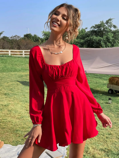 Mini Dresses- Solid Red Flare Square Neck Dress with Lantern Sleeves- - IndioGear.com