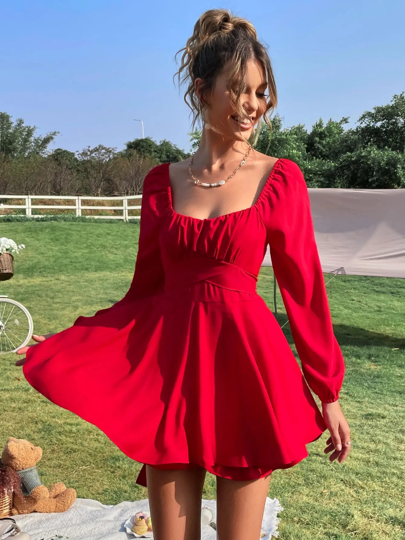 Mini Dresses- Solid Red Flare Square Neck Dress with Lantern Sleeves- - IndioGear.com