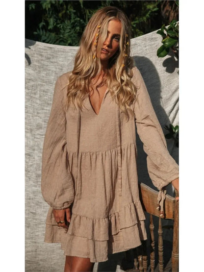 Mini Dresses- Solid Smock V-neck Mini Boho Dress For Casual Outings- - IndioGear.com