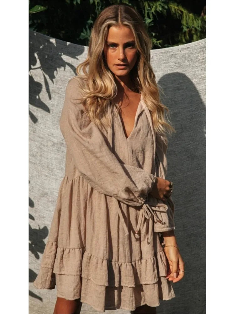 Mini Dresses- Solid Smock V-neck Mini Boho Dress For Casual Outings- - IndioGear.com