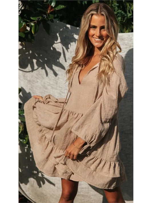 Mini Dresses- Solid Smock V-neck Mini Boho Dress For Casual Outings- - IndioGear.com