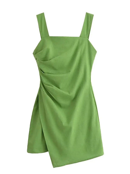 Mini Dresses- Solid Color Square Neck Mini Dress for Summer- Green- IndioGear.com