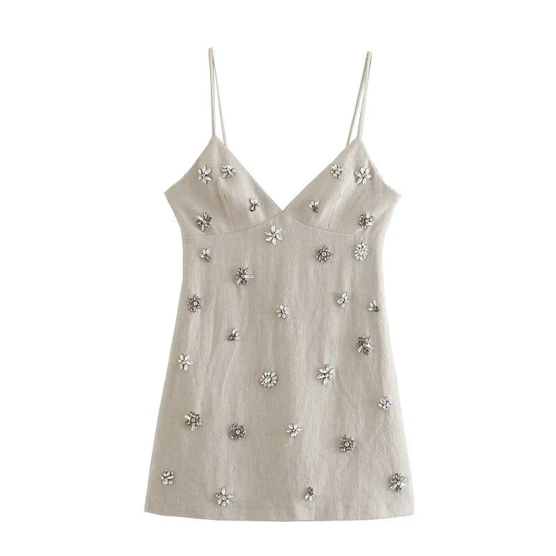 Mini Dresses- Sparkling Crystal Strap Dress - Cocktail Ready- Beige- IndioGear Women Clothing