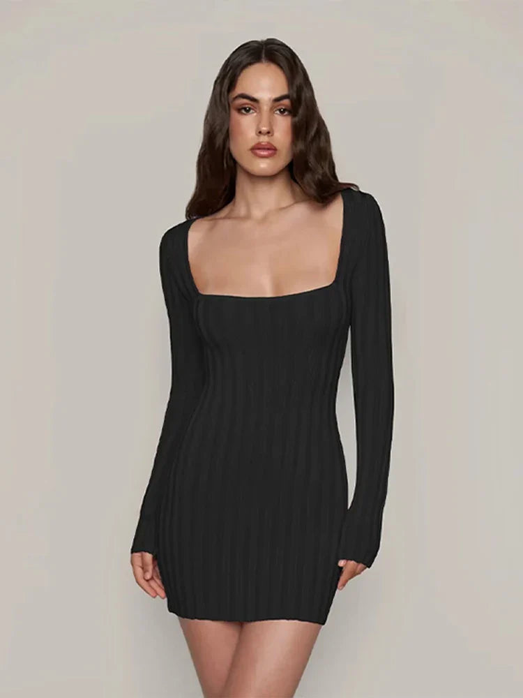 Mini Dresses- Square Neck Long Sleeve Ribbed Mini Dress – Perfect for Fall & Winter