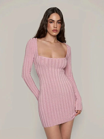 Mini Dresses- Square Neck Long Sleeve Ribbed Mini Dress – Perfect for Fall & Winter