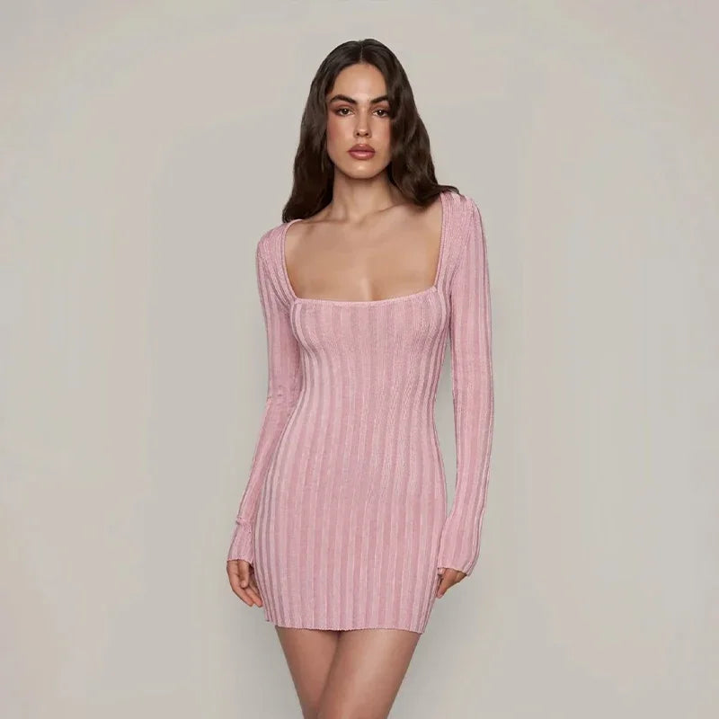 Mini Dresses- Square Neck Long Sleeve Ribbed Mini Dress – Perfect for Fall & Winter