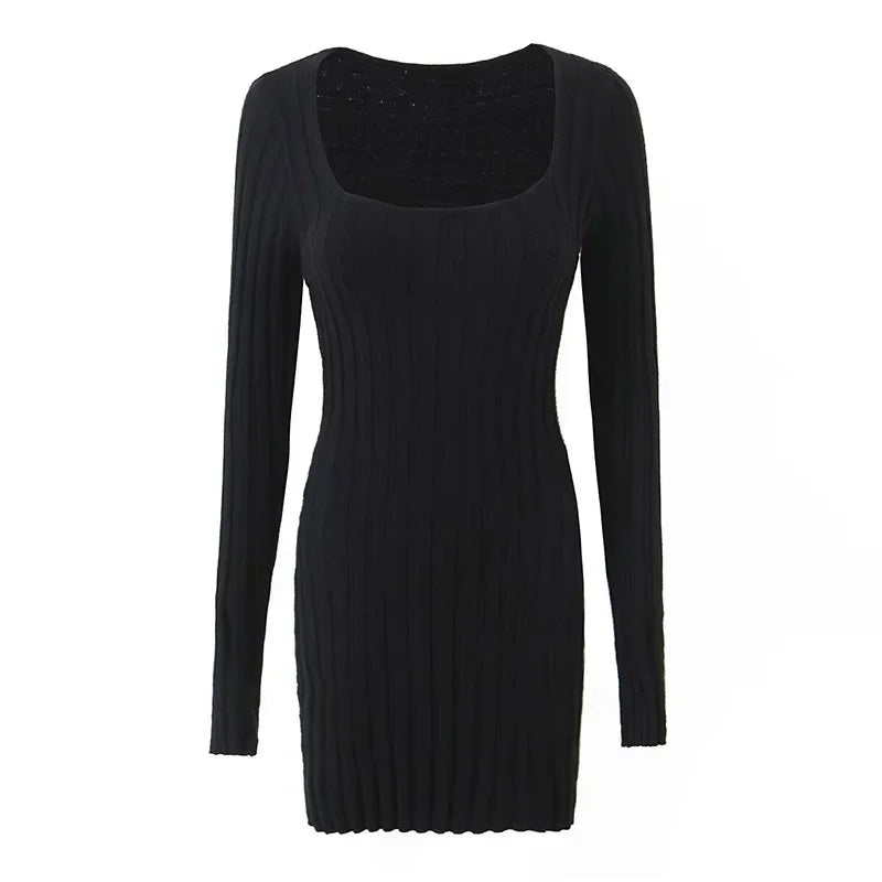 Mini Dresses- Square Neck Long Sleeve Ribbed Mini Dress – Perfect for Fall & Winter