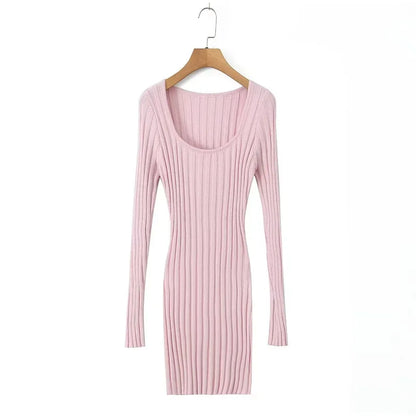 Mini Dresses- Square Neck Long Sleeve Ribbed Mini Dress – Perfect for Fall & Winter