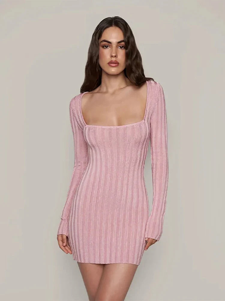 Mini Dresses- Square Neck Long Sleeve Ribbed Mini Dress – Perfect for Fall & Winter