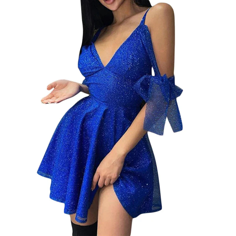 Mini Dresses- Stylish Golden Mini with Unique Shoulder Ties: Best for Hourglass Figures- Blue- IndioGear Women Clothing