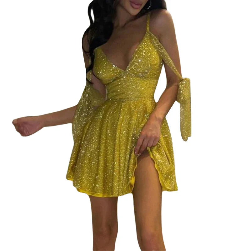 Mini Dresses- Stylish Golden Mini with Unique Shoulder Ties: Best for Hourglass Figures- Yellow- IndioGear Women Clothing