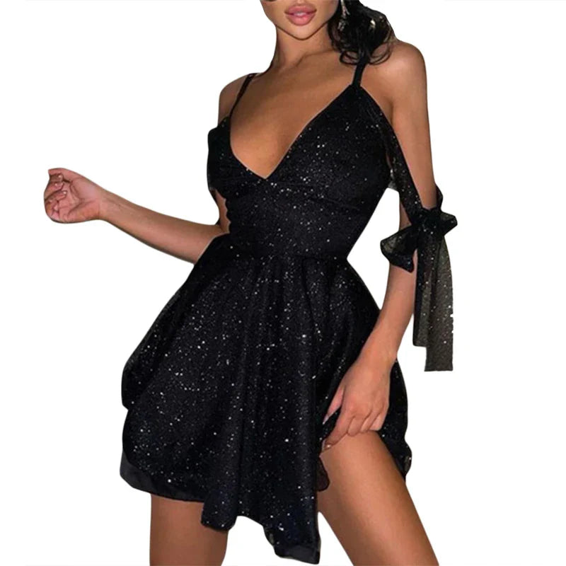 Mini Dresses- Stylish Golden Mini with Unique Shoulder Ties: Best for Hourglass Figures- black- IndioGear Women Clothing