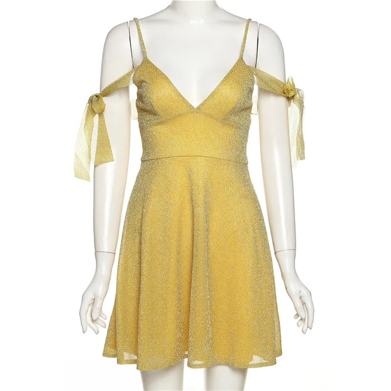 Mini Dresses- Stylish Golden Mini with Unique Shoulder Ties: Best for Hourglass Figures- - IndioGear Women Clothing