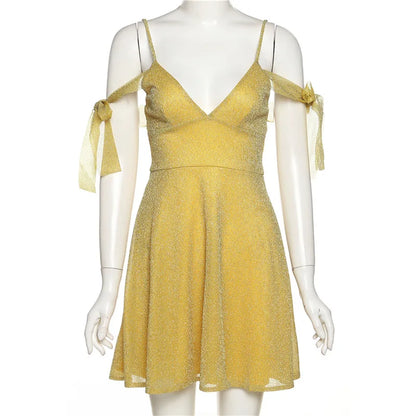 Mini Dresses- Stylish Golden Mini with Unique Shoulder Ties: Best for Hourglass Figures- - IndioGear Women Clothing