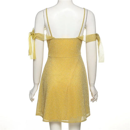 Mini Dresses- Stylish Golden Mini with Unique Shoulder Ties: Best for Hourglass Figures- - IndioGear Women Clothing