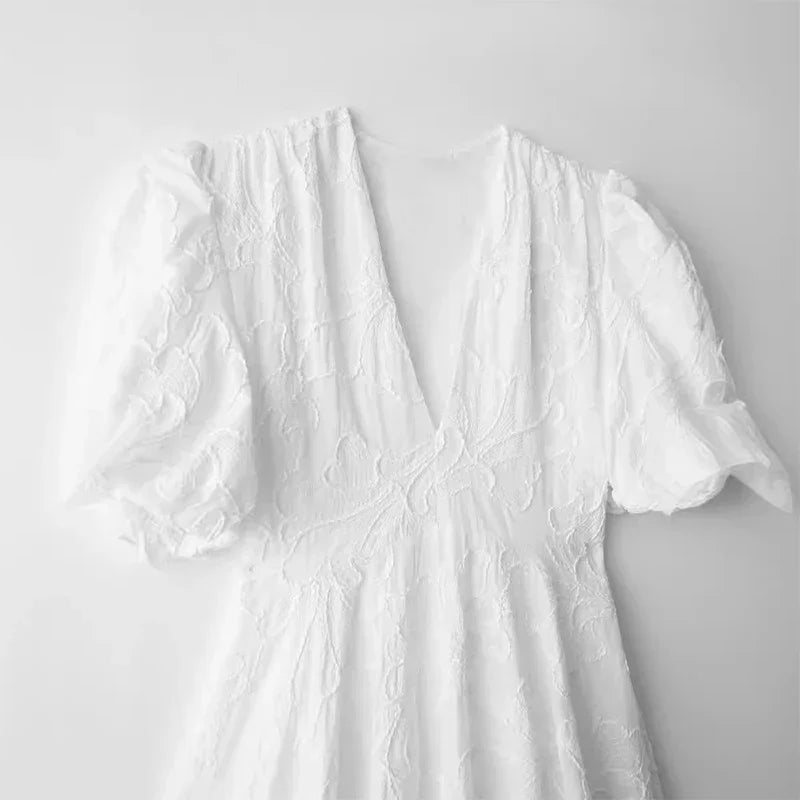 Mini Dresses- Summer Embroidered A-Line Puff Sleeves Dress- - IndioGear.com