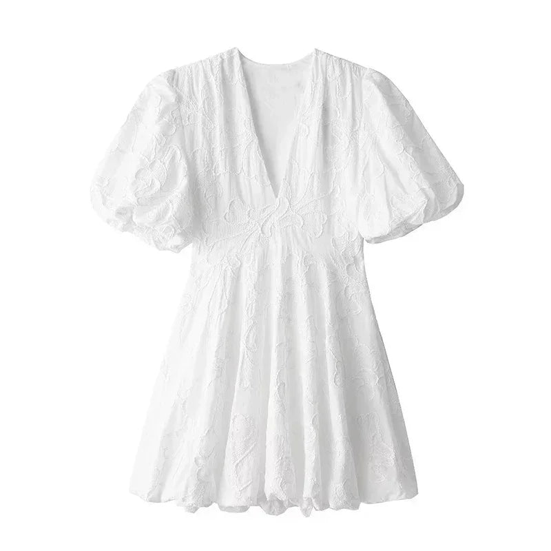 Mini Dresses- Summer Embroidered A-Line Puff Sleeves Dress- - IndioGear.com