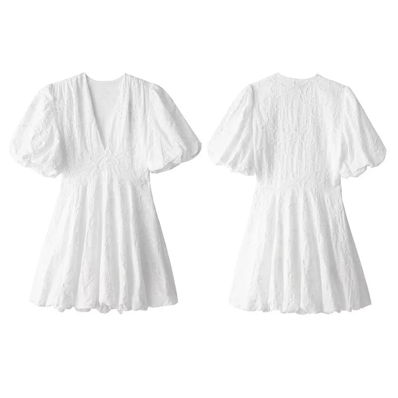 Mini Dresses- Summer Embroidered A-Line Puff Sleeves Dress- - IndioGear.com