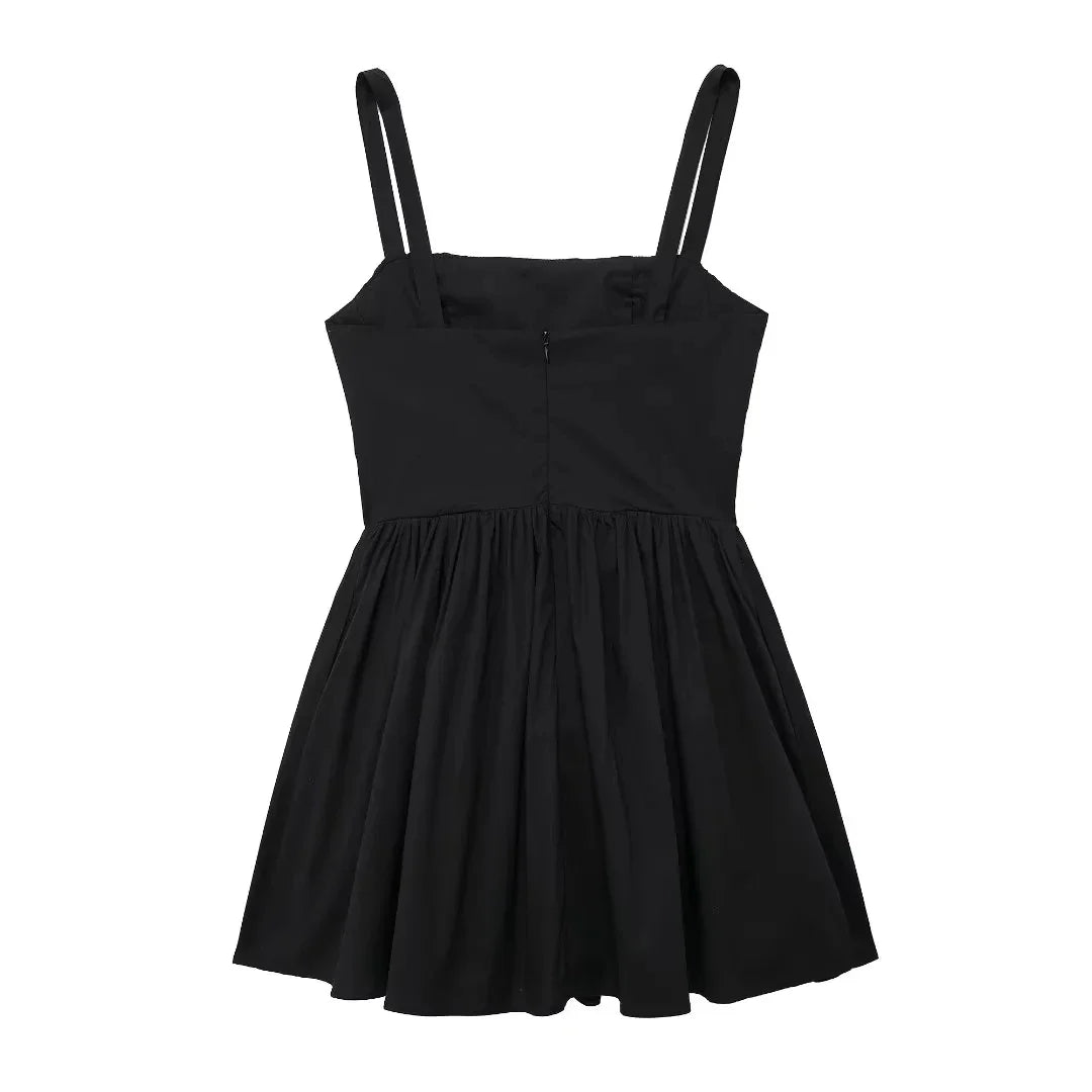 Mini Dresses- Pleated Fit & Flare Black Dress for Summer- - IndioGear.com