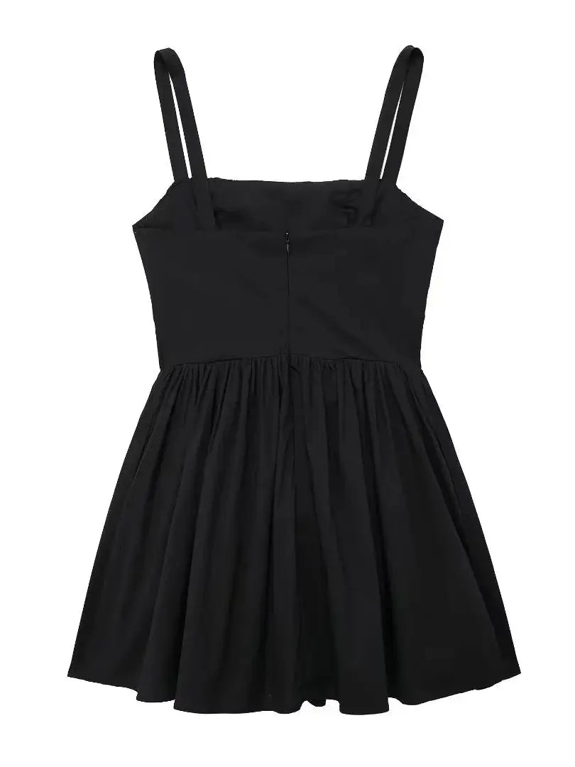 Mini Dresses- Pleated Fit & Flare Black Dress for Summer- - IndioGear.com